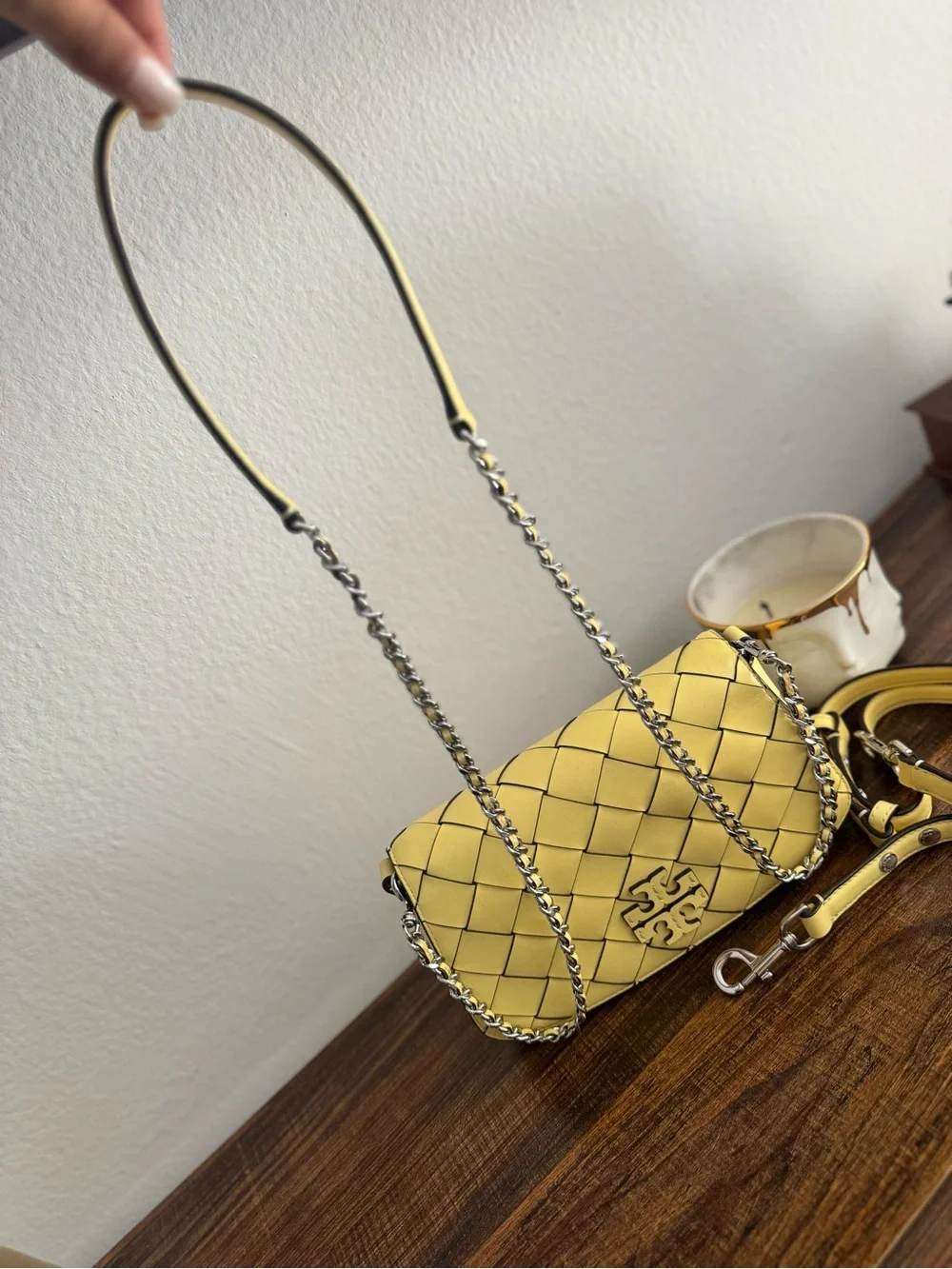 Tory Burch Yellow Woven Leather Chain Crossbody Bag